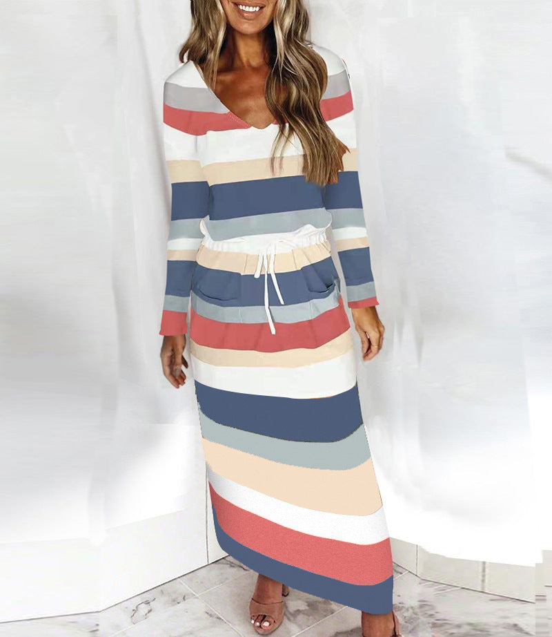Women's Casual-Elegant Maxi Knit Dress with V-Neck, Drawstring and Side Pockets Amarae