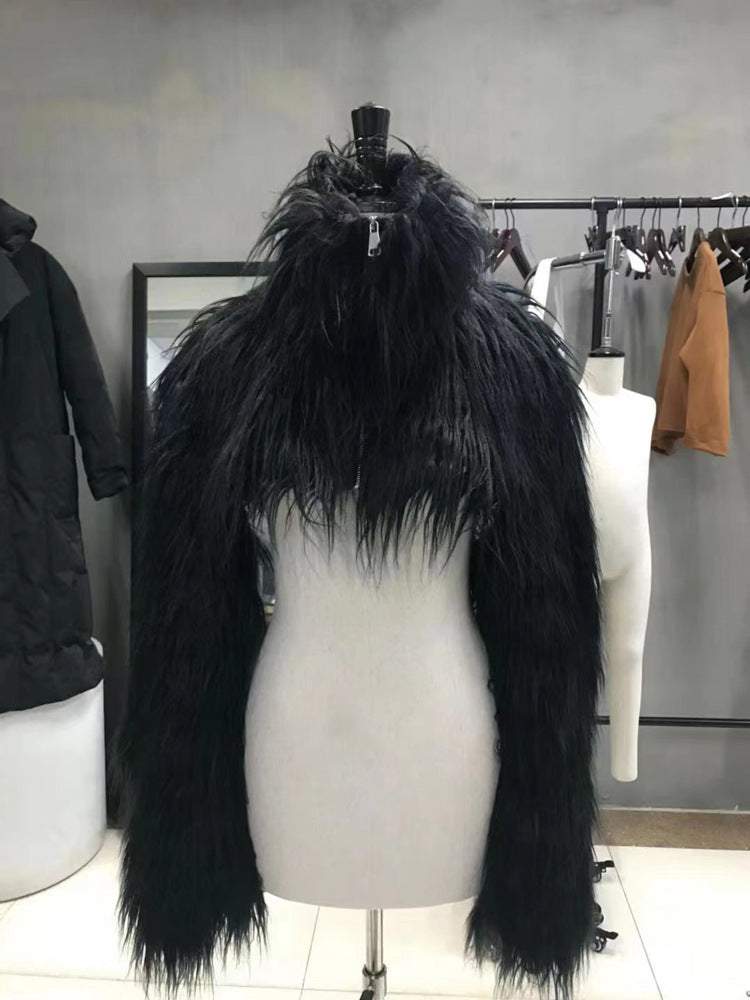 Women's Short Long-fiber Faux Fur Bolero with Extra Long Sleeves and High Standing Collar Amarae