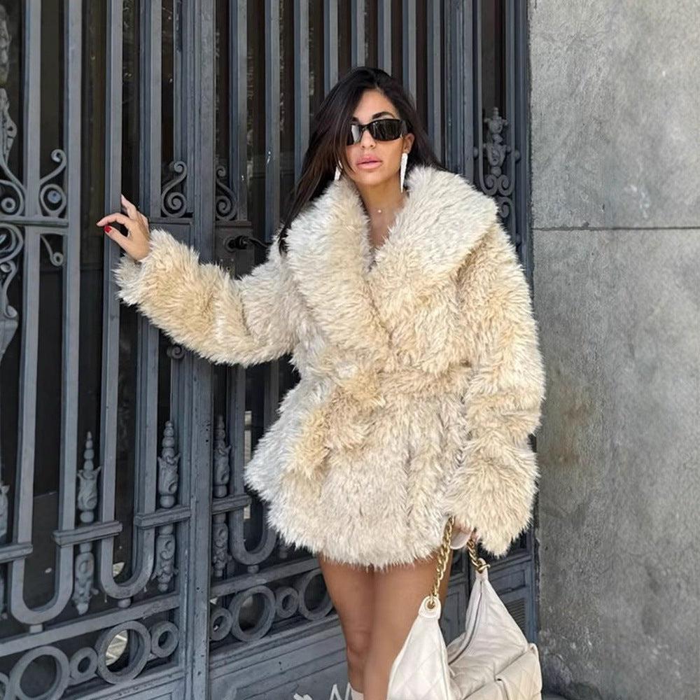 Women Short Cozy Faux Fur Coat with Waist Belt and Voluminous Shawl Collar Amarae