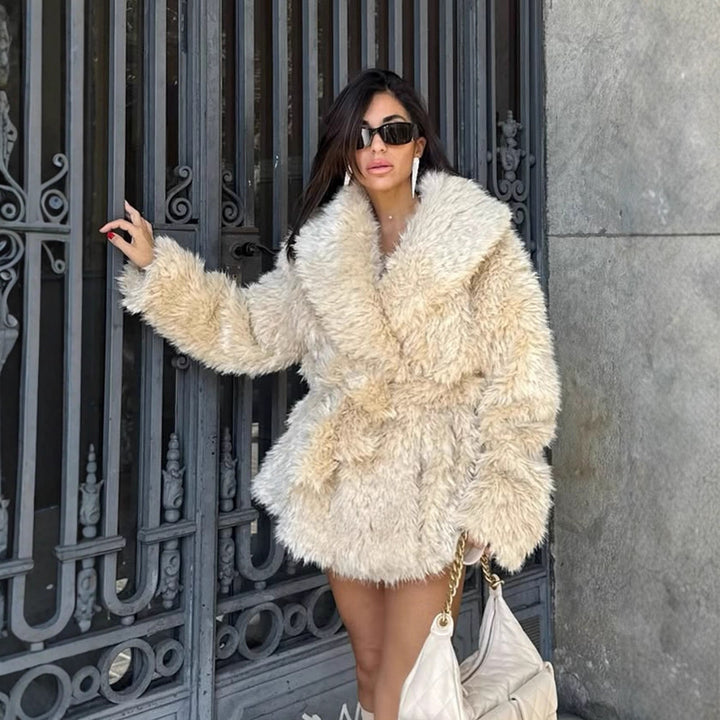 Women Short Cozy Faux Fur Coat with Waist Belt and Voluminous Shawl Collar Amarae