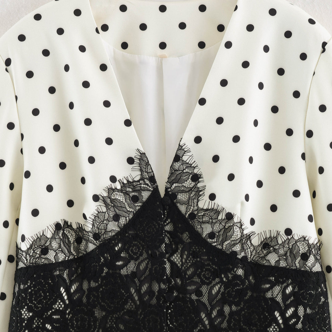 Women's Tailored Blazer with Polka Dot Pattern and Lace-Trimmed Corset Detail Amarae