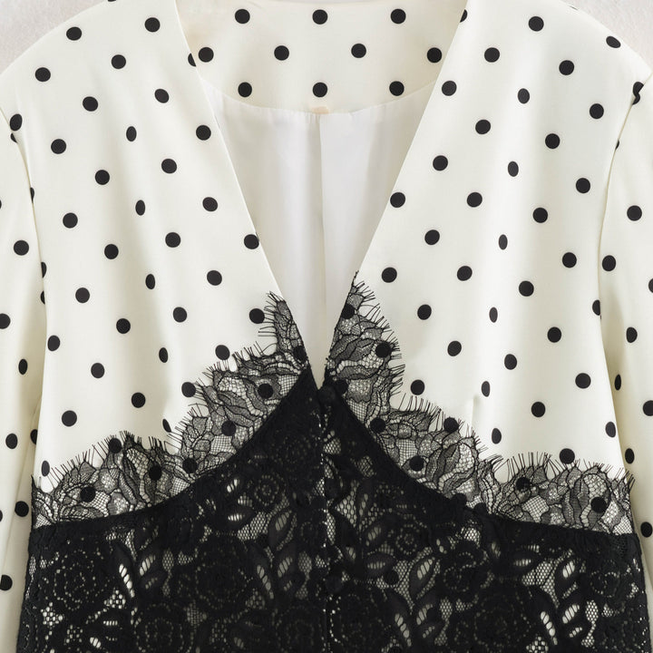 Women's Tailored Blazer with Polka Dot Pattern and Lace-Trimmed Corset Detail Amarae