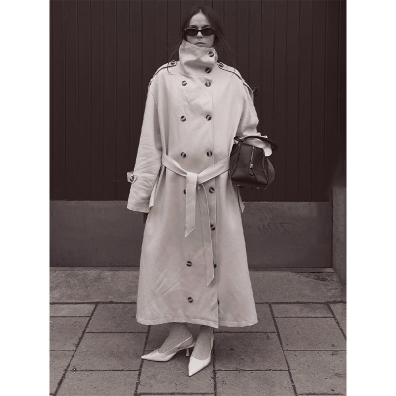Women's Long Oversized Trench Coat with High Stand Collar, Bell Sleeves and Tie Belt Amarae