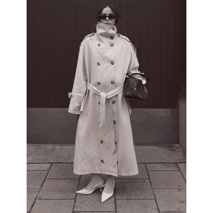 Women's Long Oversized Trench Coat with High Stand Collar, Bell Sleeves and Tie Belt Amarae
