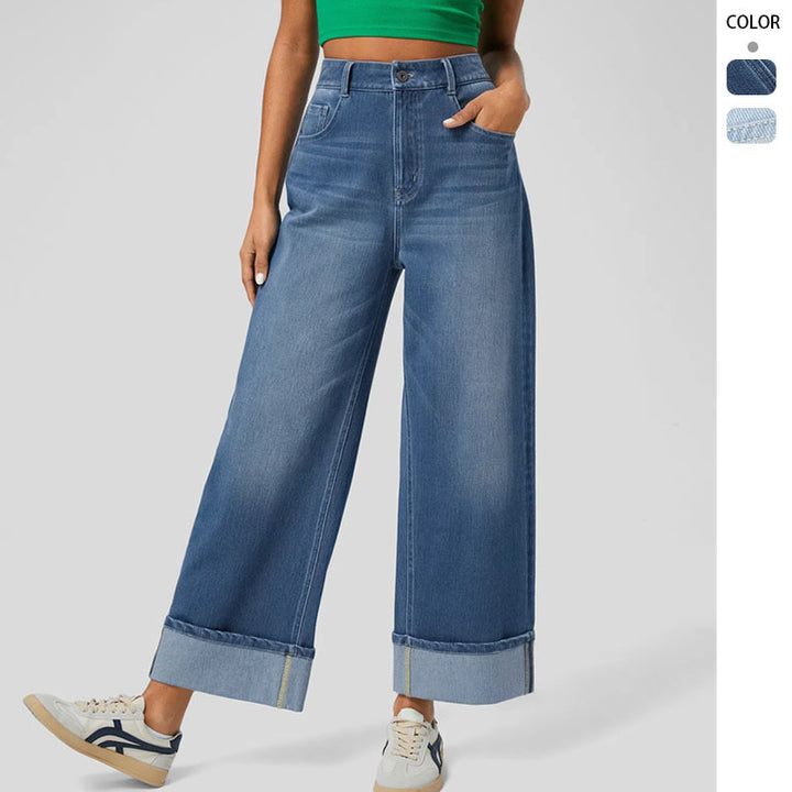 Wide leg denim pants for women with cuffed hem Chic & Stil