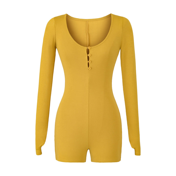 Women Fitted Long Sleeve Bodysuit with Button Placket and Short Shorts Amarae