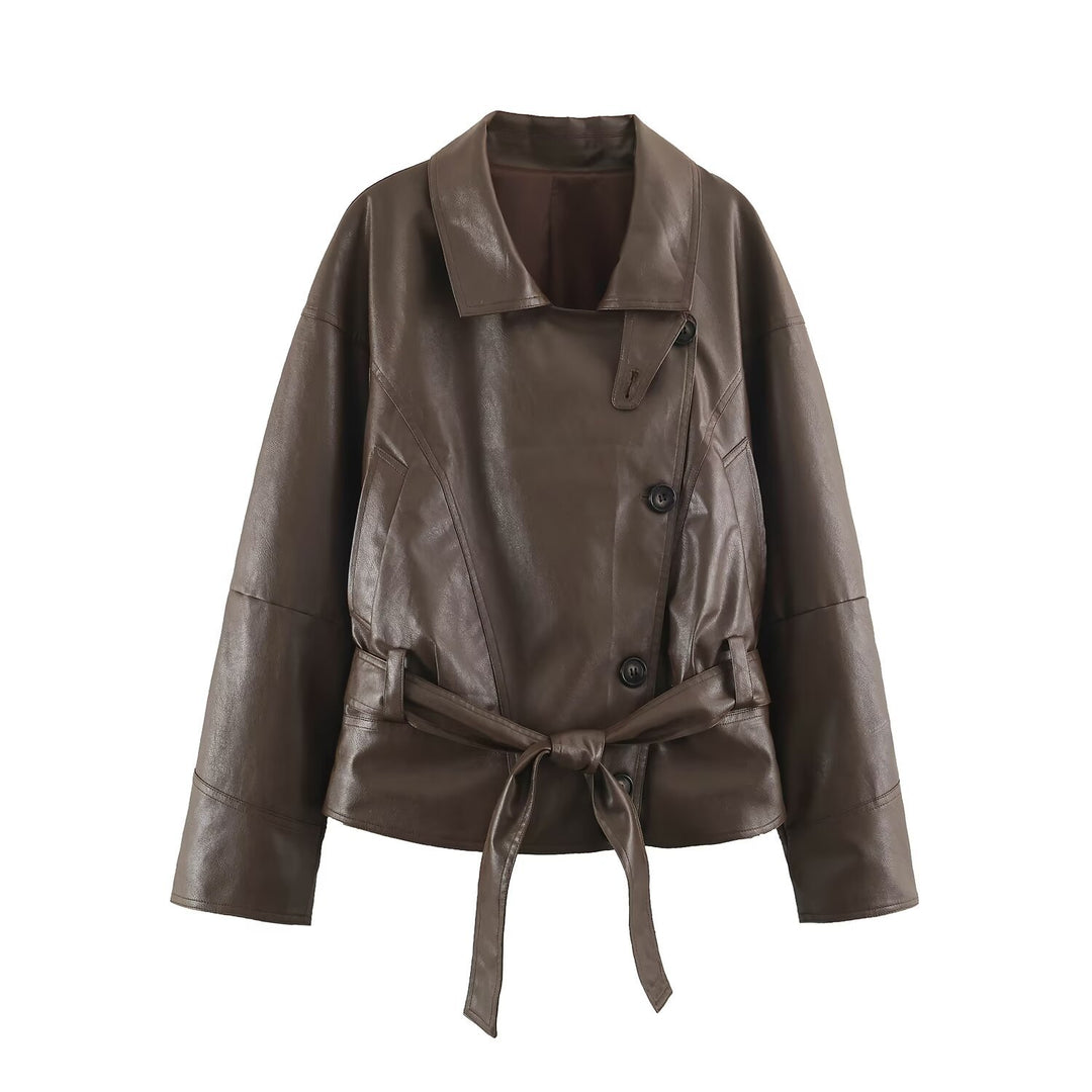 Women Tailored Leather Look Jacket with Asymmetrical Button Placket and Ties Belt Amarae