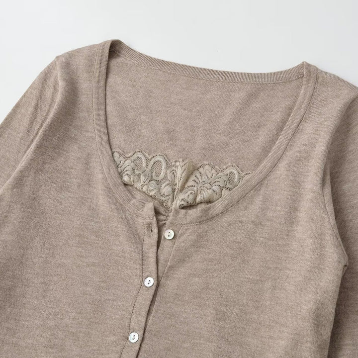 Women's short cardigan made of fine knit with V-neck, button placket, and lace insert Amarae