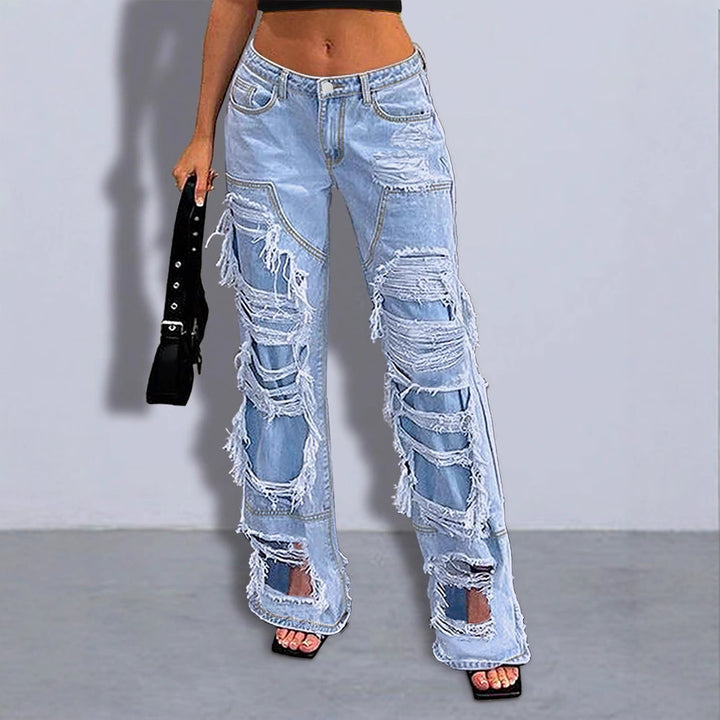 Women Stark ripped Wide-Leg Denim Jeans with fringe details Amarae
