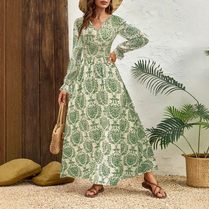 Long maxi dress for women with floral Jacquard pattern and voluminous sleeves Lune London