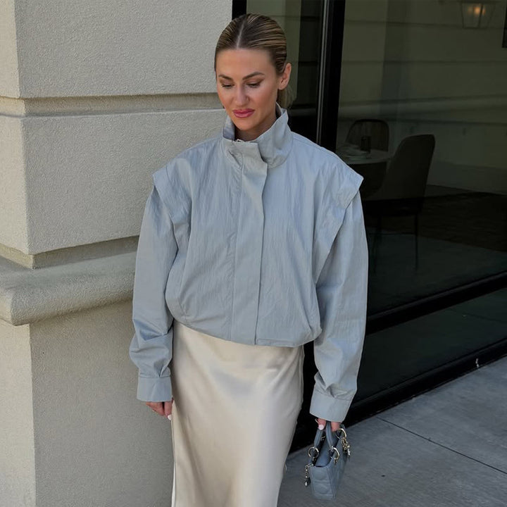 Ladies Cropped Transitional Jacket with Stand Collar and Emphasized Shoulder Area Amarae