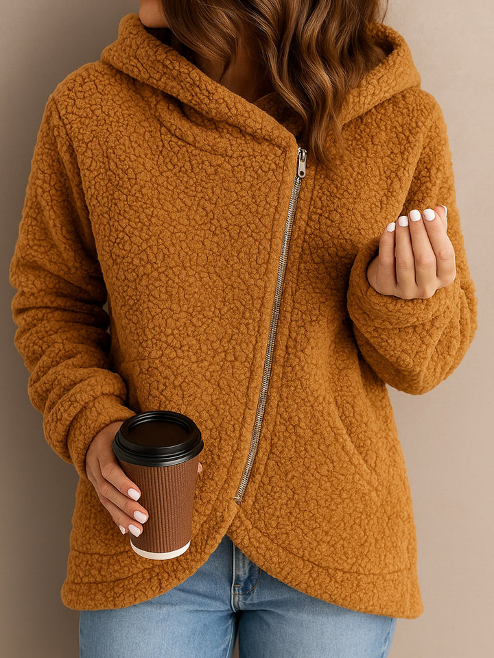Ladies plush hooded jacket with asymmetrical zipper Lune London
