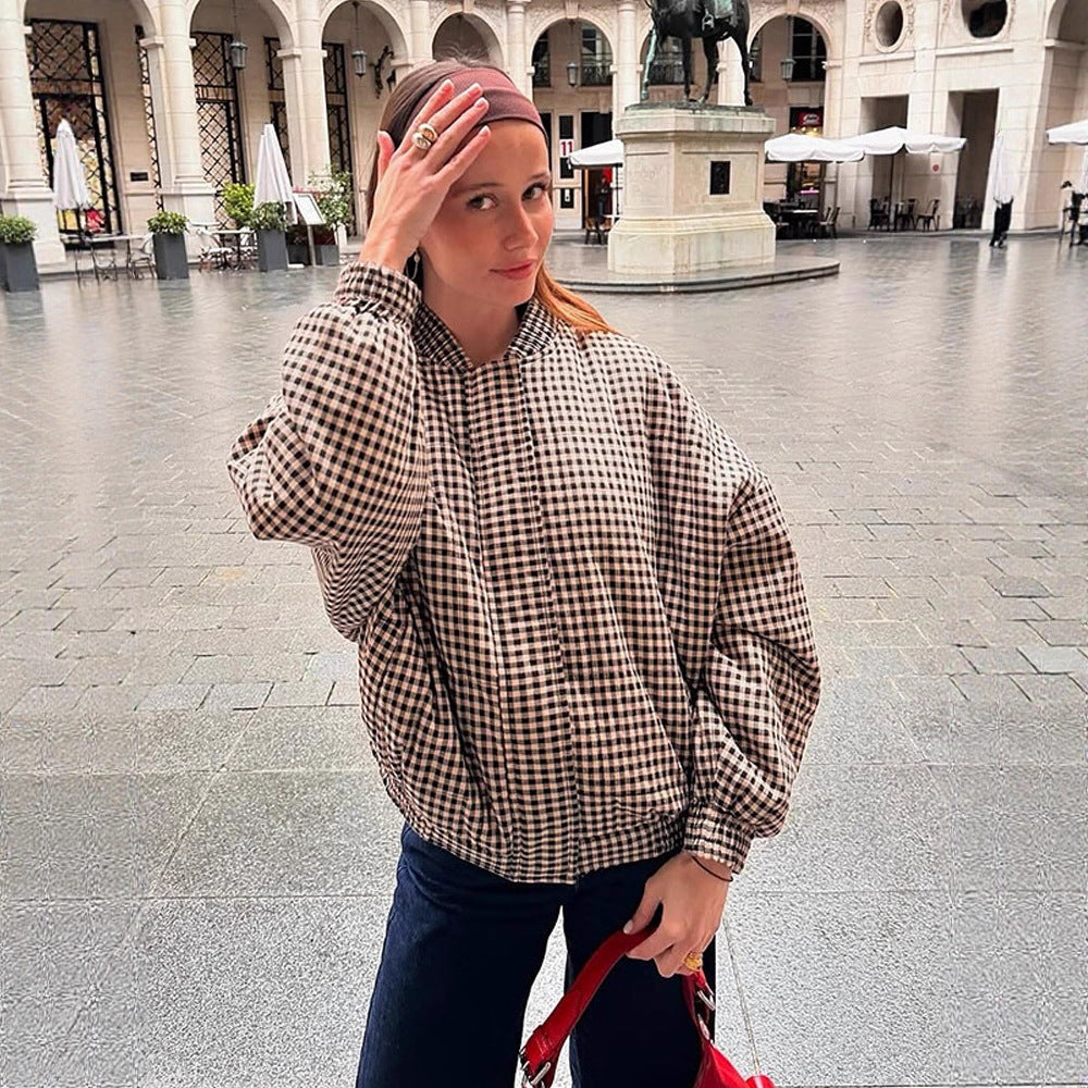 Women's Oversize Checked Bomber Jacket with Standing Collar and Concealed Snap Placket Amarae