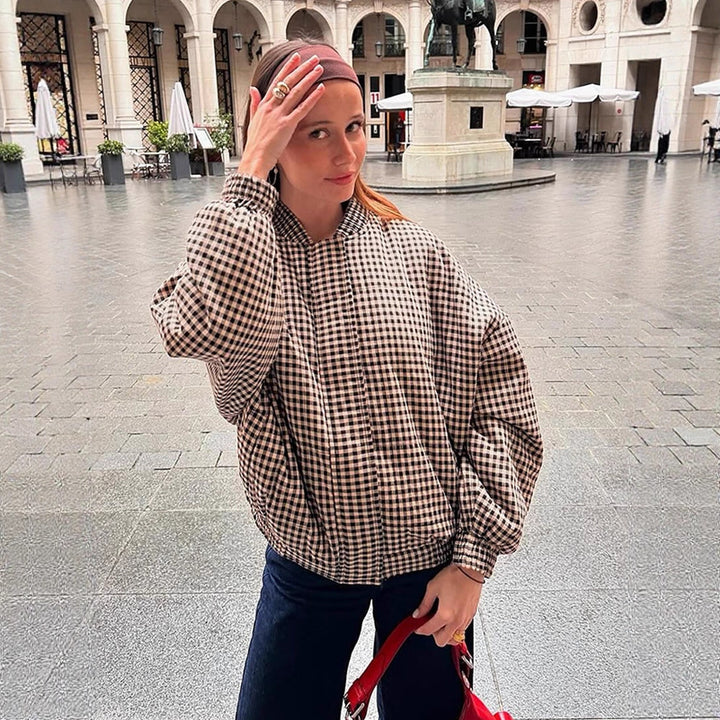 Women's Oversize Checked Bomber Jacket with Standing Collar and Concealed Snap Placket Amarae