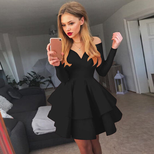 Women Playful Off-Shoulder Cocktail Dress with Ruffles and Deep V Neck Amarae
