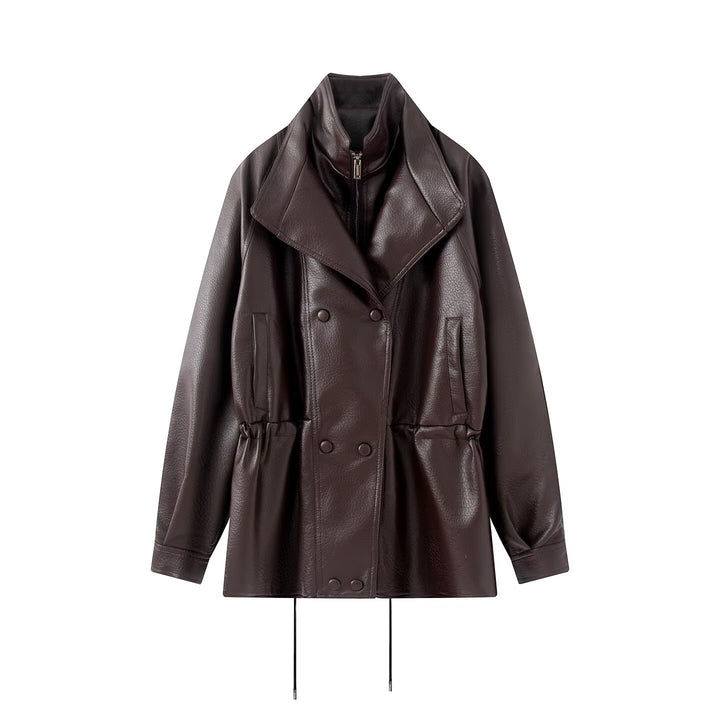 Women Oversized Double-Breasted Faux Leather Coat with Drawstring and Stand-Up Collar Amarae