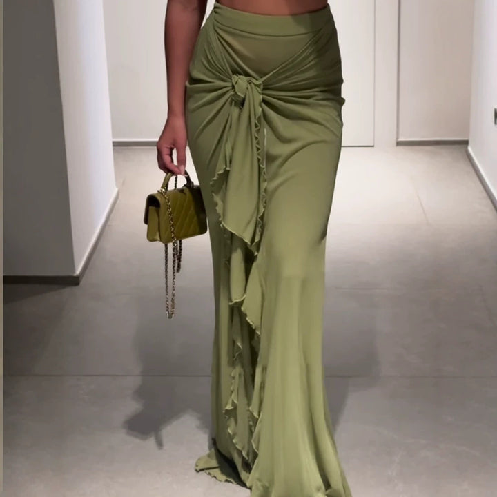 Women's High-Waisted Maxi Skirt with Asymmetrical Gathering, Knot Detail, and Ruffle Slit Amarae