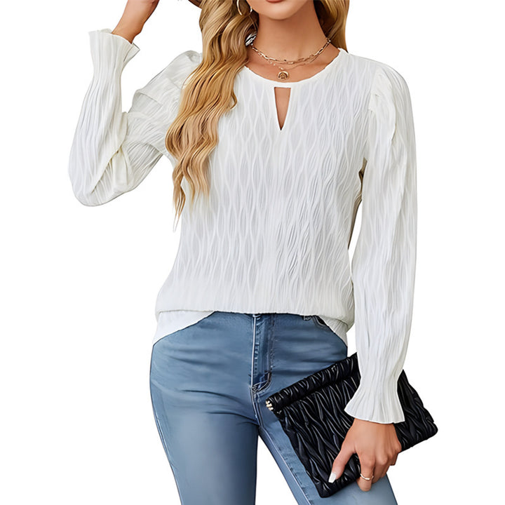 Ladies elegant long sleeve shirt in textured fabric with keyhole neckline Lune London