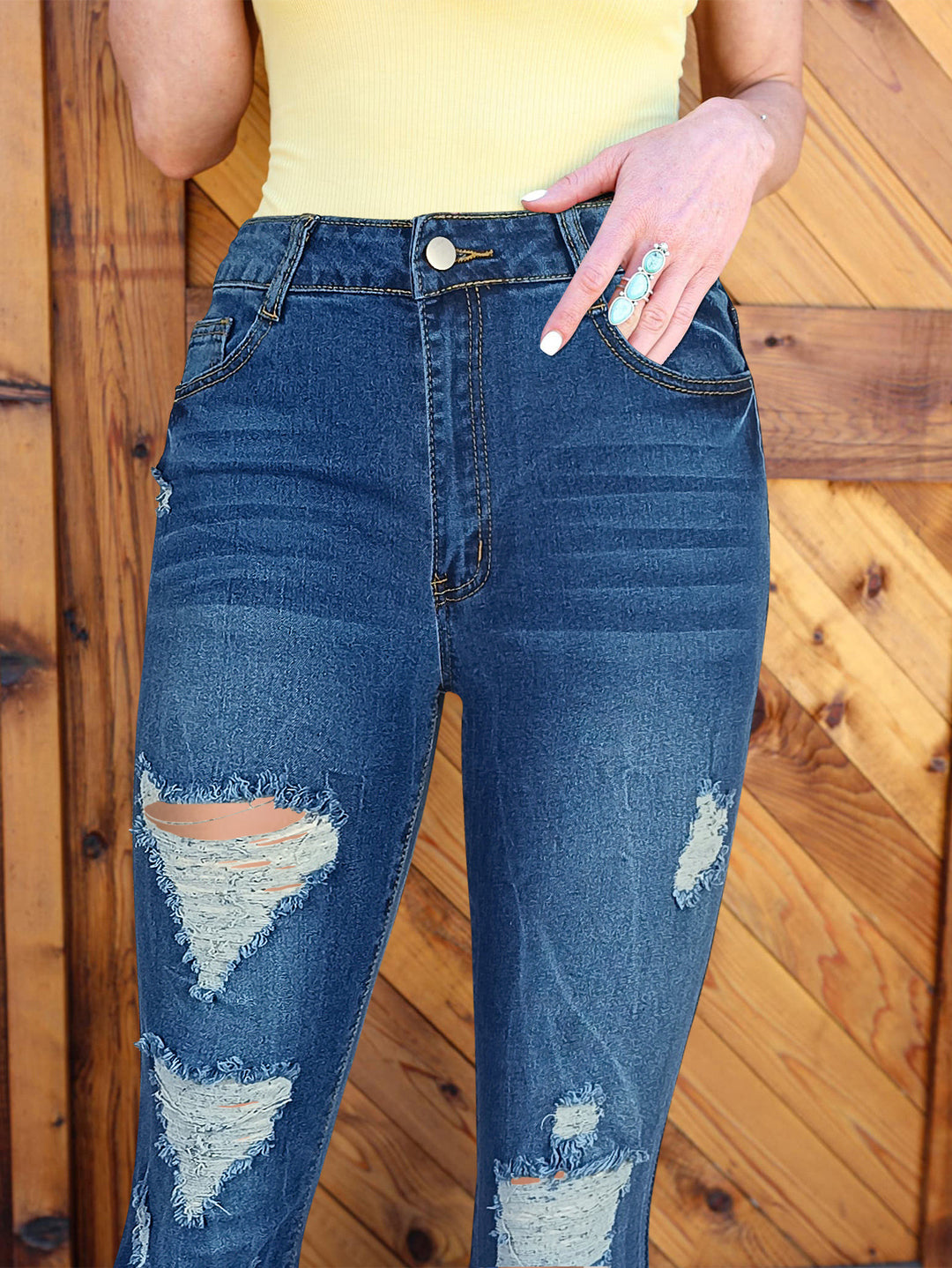Women's Retro Flared Jeans with High Waist, Destroyed Details and Sculpting Stretch Waistband Amarae