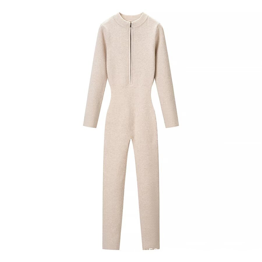 Ladies Body-Con Knitted Jumpsuit with Zipper and Stand Collar Amarae