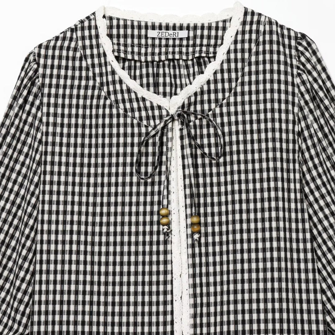 Women Checked Blouse Jacket with Crochet Edge, Tie Band and Three-Quarter Sleeves Amarae