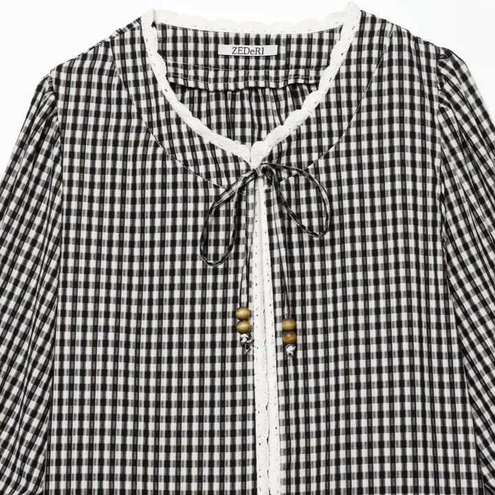 Women Checked Blouse Jacket with Crochet Edge, Tie Band and Three-Quarter Sleeves Amarae