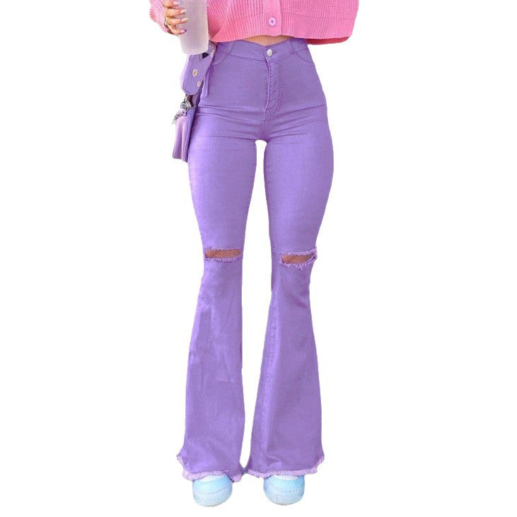 Women High-Rise Stretch Flared Jeans with Knee Rips, Flared Leg and Raw Hem Amarae