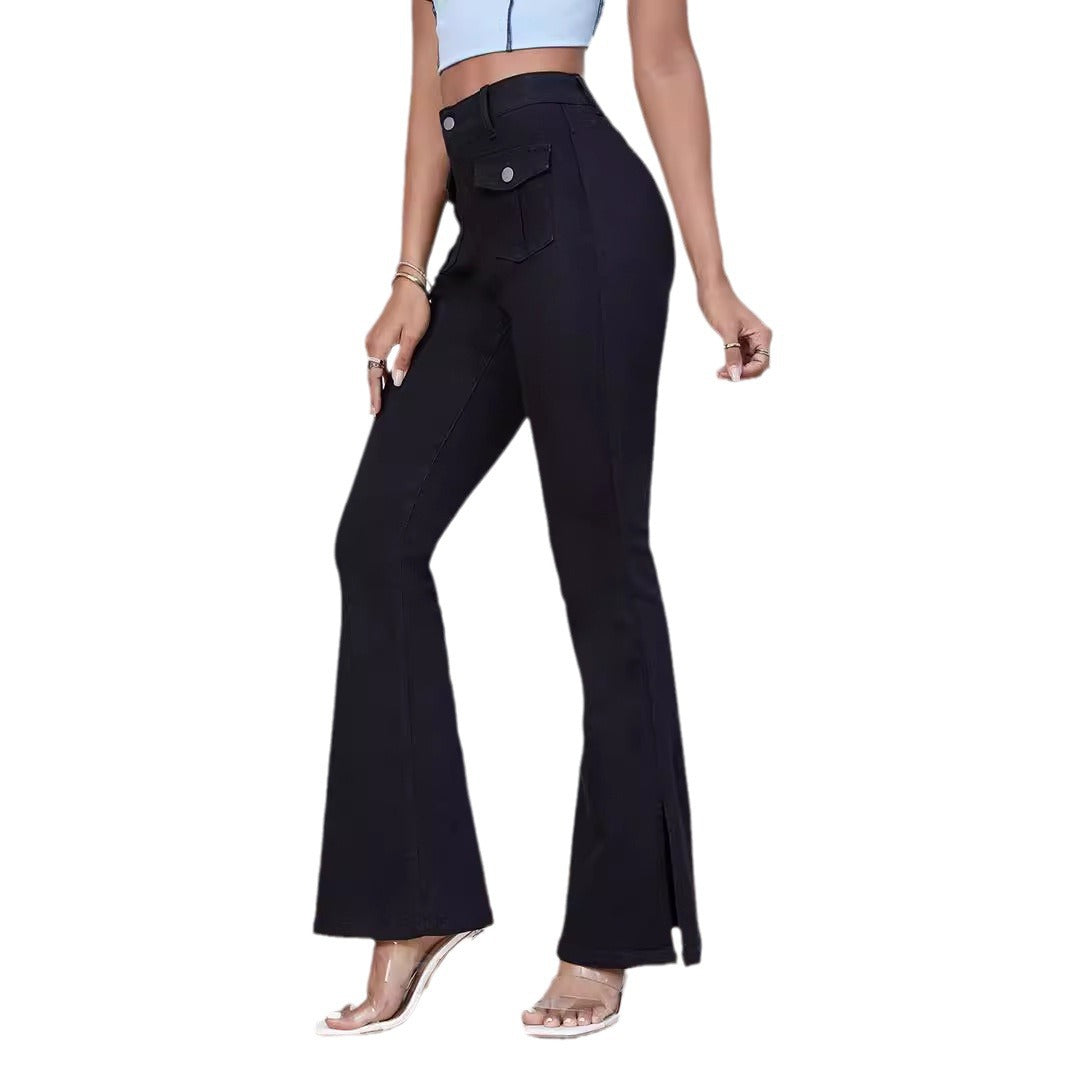 Women High-Waist Flared Trousers made of Stretch Denim with Pocket Flaps and Front Slit Amarae