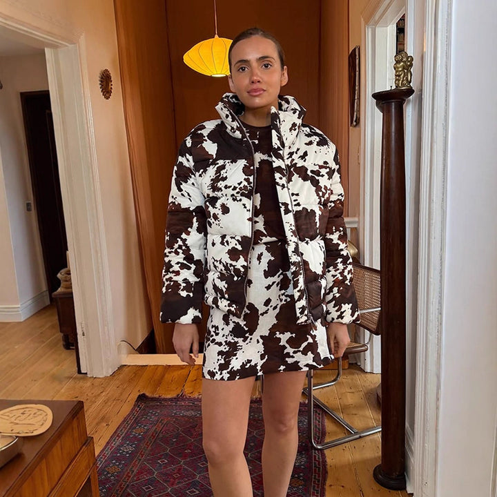 Women's cropped quilted jacket with cow print and high stand-up collar Amarae
