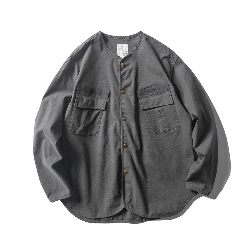 Unisex Collarless Overshirt Jacket with Snap Button Placket and Patch Chest Pockets Amarae