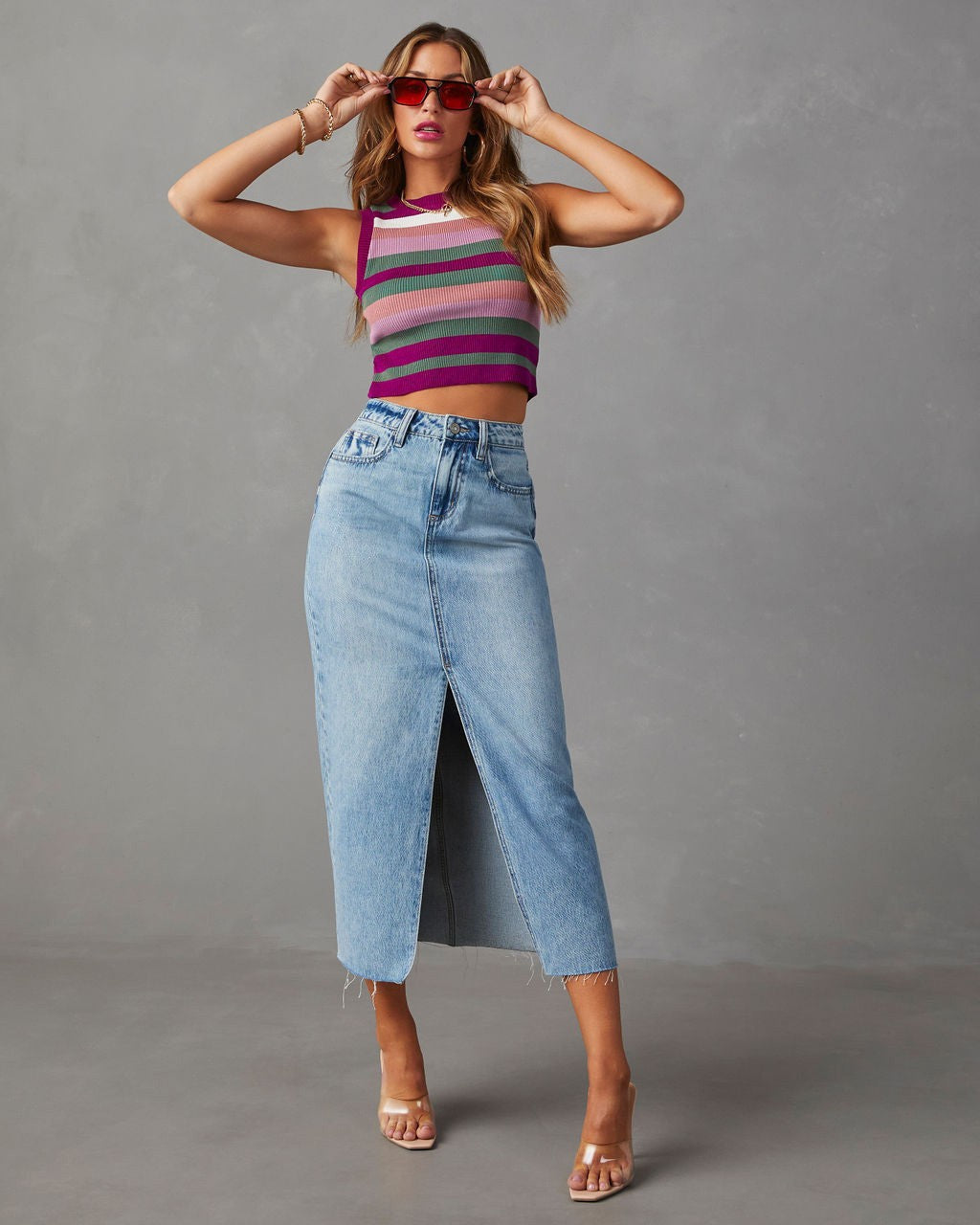 Chic & Stil High-Waisted Denim Pencil Dress with Side Slit