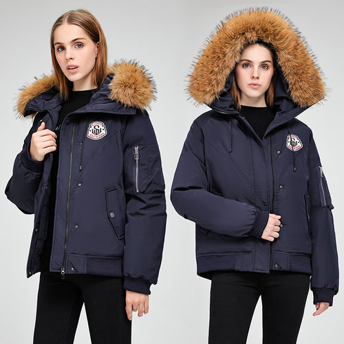 Ladies Puffer Sport Jacket with Removable Faux Fur Collar and Practical Chic Style Pockets