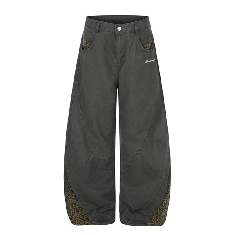 Women's Wide High-Waist Palazzo Jeans with Leopard Inserts and Side Pockets Amarae