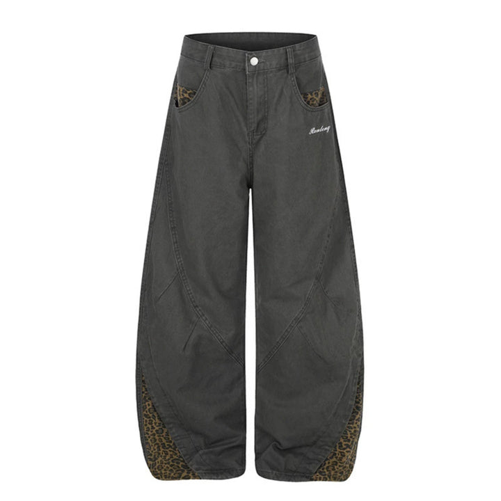 Women's Wide High-Waist Palazzo Jeans with Leopard Inserts and Side Pockets Amarae