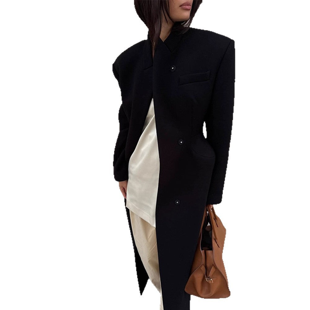 Women's Sculptural Midi Coat with Distinctive Shoulder Design and Concealed Button Placket Amarae