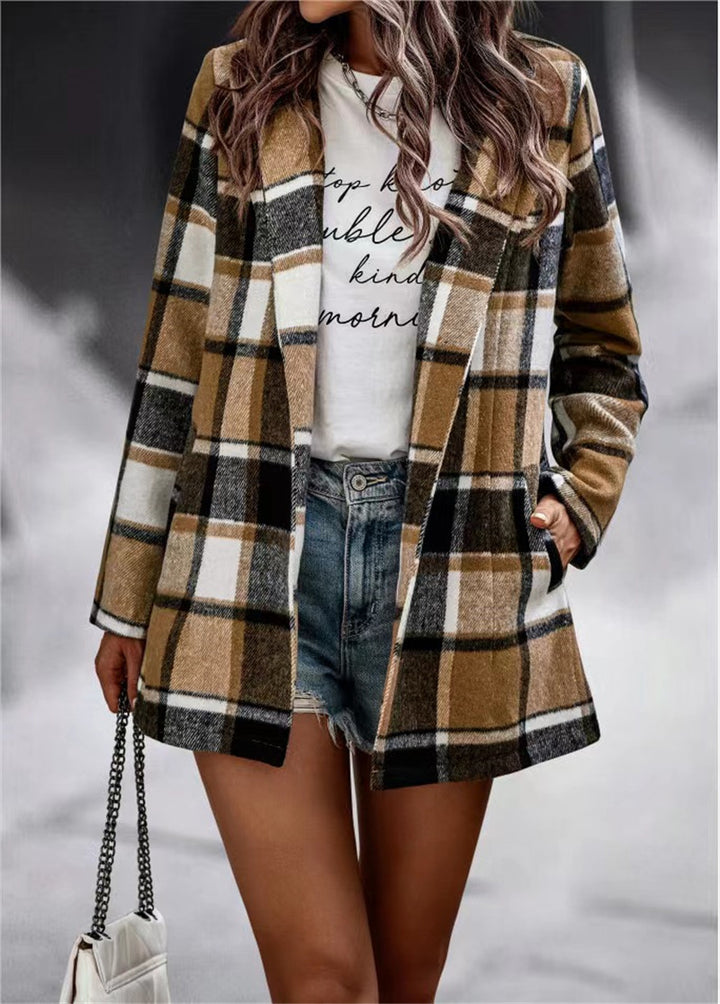 Women Checked Long Blazer Shacket Without Collar, Open Cut Amarae