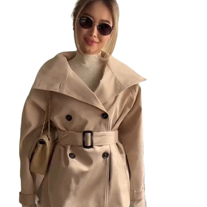 Women's Short Boxy Trench Coat with High Standing Collar, Double-Breasted Front & Waist Belt Amarae