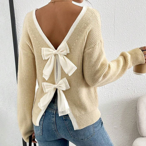 Pull-over en tricot pour femmes avec un col en V et des nœuds décoratifs autour