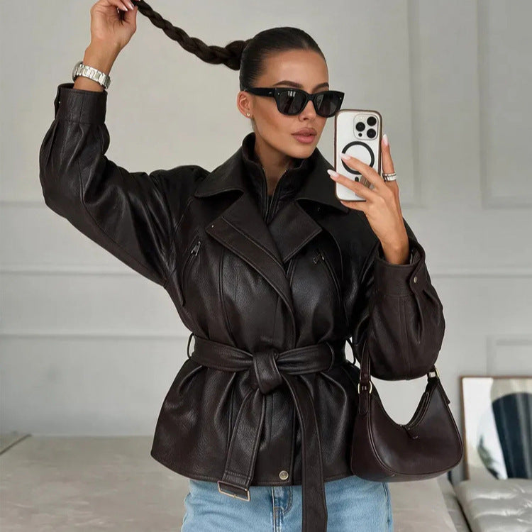 Ladies Tailored Faux Leather Biker Jacket with Ties and Drop Shoulder Amarae