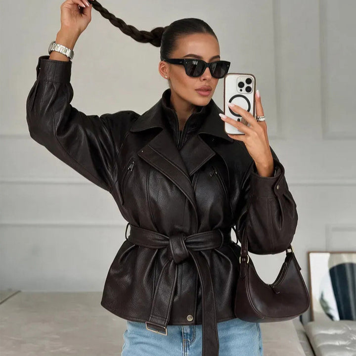 Ladies Tailored Faux Leather Biker Jacket with Ties and Drop Shoulder Amarae