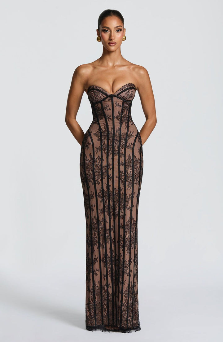 Ladies fitted lace dress with bustier top and elegant details Lune London
