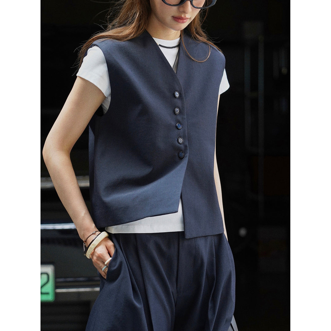 Women's Sleeveless Tailoring Vest with Deep V-Neck and Continuous Button Placket Amarae