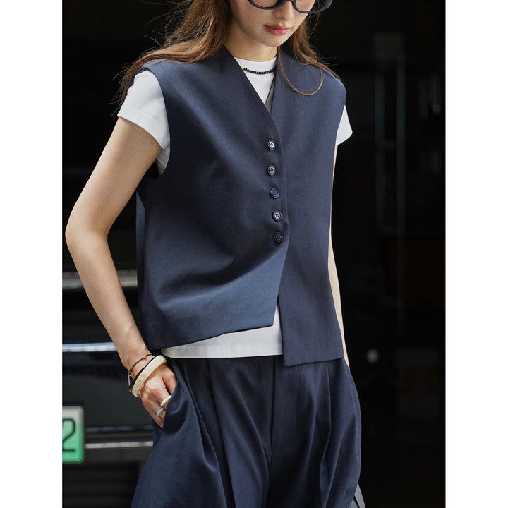 Women's Sleeveless Tailoring Vest with Deep V-Neck and Continuous Button Placket Amarae