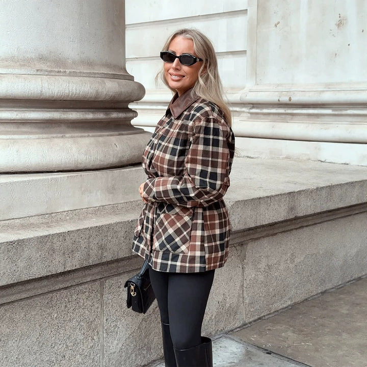 Women Checked Shacket with Waist Drawstring, Flap Pockets & Leather-Look Collar Amarae