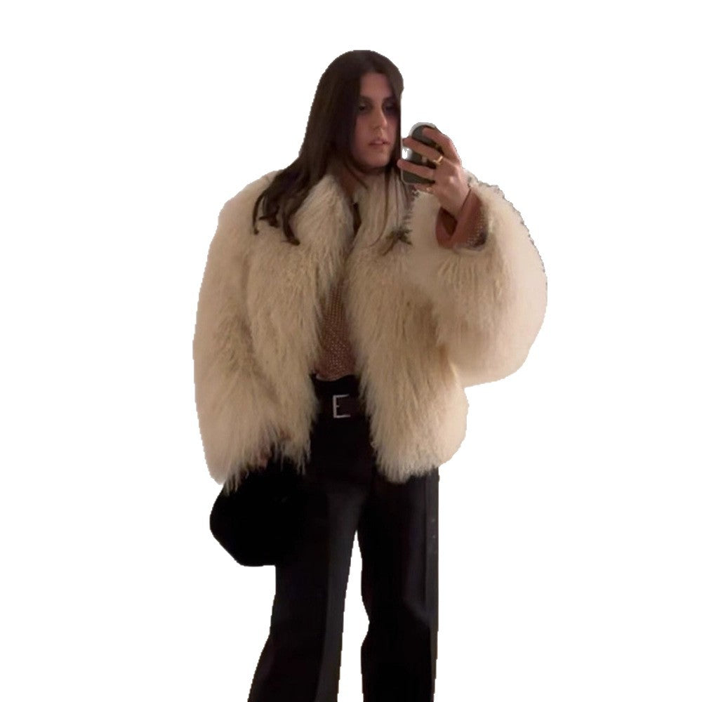 Women's Boxy Faux Fur Bomber Jacket with Curly Lambskin Look and Extra Volume Amarae