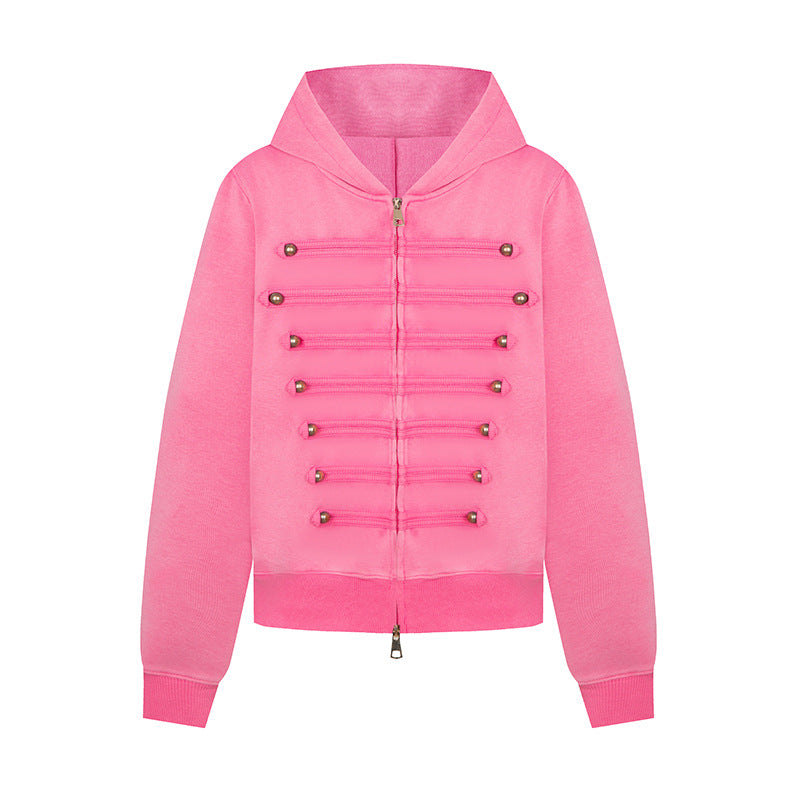 Ladies hooded sweat jacket in military style with decorative cords and metal buttons Amarae