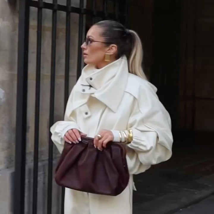 Women's Two-Piece Oversized Jacket and Pleated Pants Set with High Stand Collar Amarae