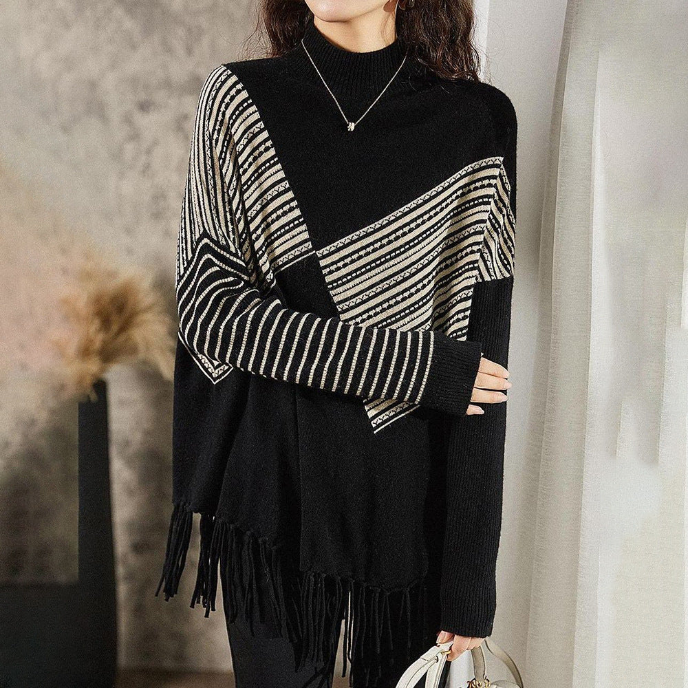 Pull surdimensionné pour femmes avec motif rayé graphique et franges Chic & Stil