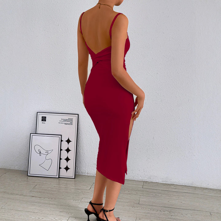 Women's fitted midi dress with strapless shoulders and deep slit Lune London
