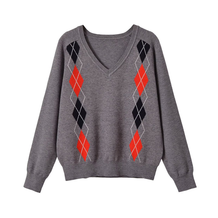 Women's V-Neck Sweater with Diamond Pattern and Casual Oversized Cut Amarae